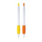 Two retractable pens with white barrels and grips, one with a yellow clicker and grip, the other with an orange clicker and grip, are placed side by side against a plain background.