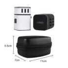 A compact, black travel case measuring 11cm by 7cm is shown alongside a white charging adapter with three USB ports and a black plug with the word LOGO on it. The adapter dimensions are noted as 5.5cm tall.