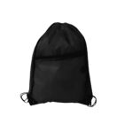 A black drawstring backpack with a zippered front pocket, set against a white background.