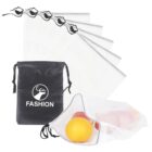 Reusable mesh produce bags are displayed, with one containing an orange and other fruits. A black drawstring pouch labeled Fashion with a deer logo is also shown.