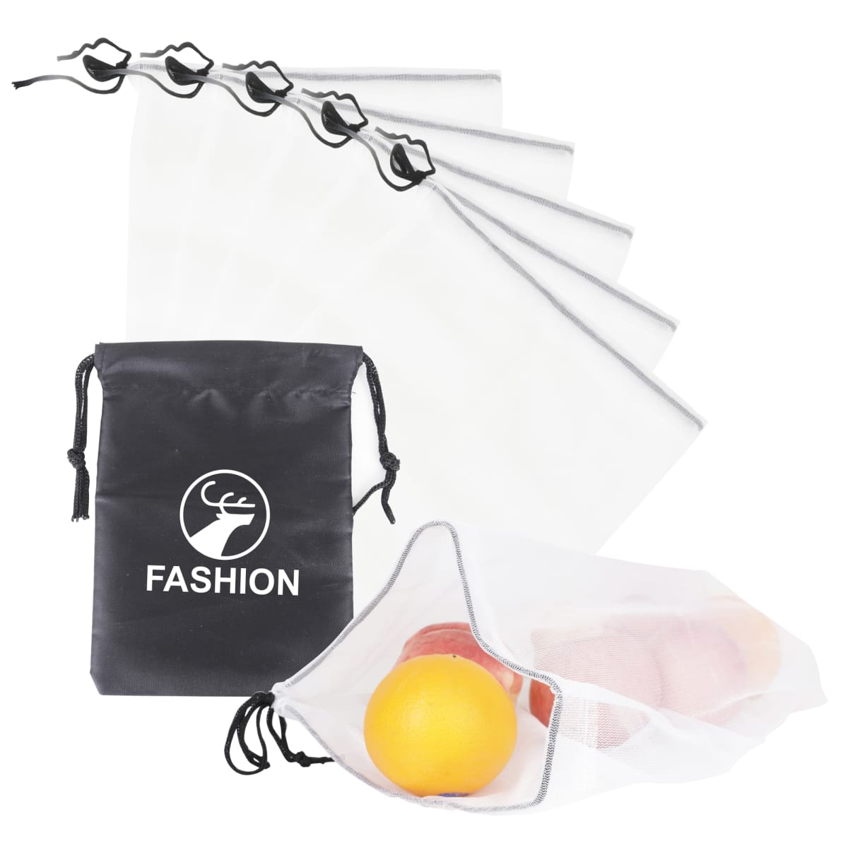 Reusable mesh produce bags are displayed, with one containing an orange and other fruits. A black drawstring pouch labeled Fashion with a deer logo is also shown.