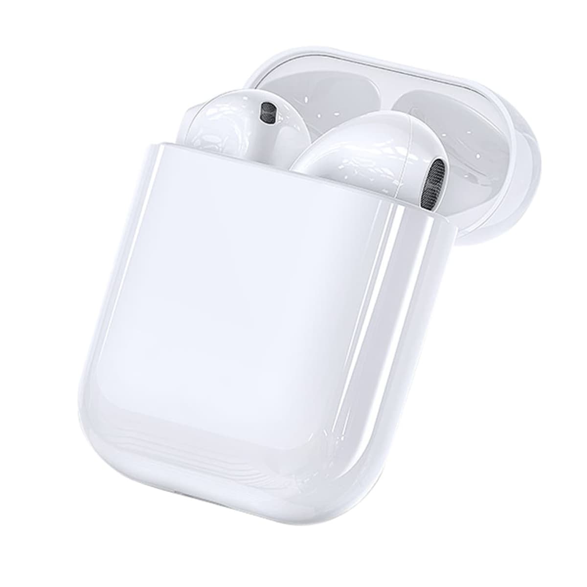 White wireless earbuds resting in their open charging case against a plain background. The sleek, glossy design highlights their modern aesthetic.