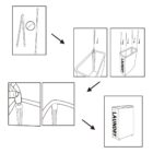 Assembly instructions for a laundry hamper with labeled parts and arrows showing steps.