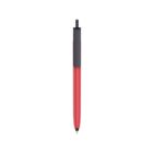 A red ballpoint pen with a black grip and click mechanism, isolated on a white background.