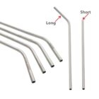 Two types of stainless steel straws are shown. On the left, a set of five bent long straws; on the right, one bent long straw labeled Long and one straight short straw labeled Short.