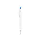 A sleek, modern white pen with a silver tip and a unique geometric blue accent on the upper end. The pen has a clip for easy attachment to notebooks or pockets. The design is minimalistic and elegant.