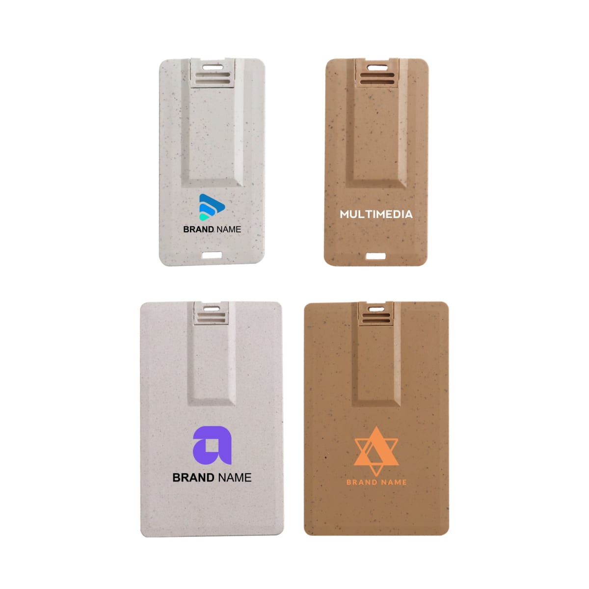 Four rectangular card holders with clips. Two are beige, one with a blue logo and another with a purple logo. Two are brown, one with MULTIMEDIA written and another with an orange star logo.