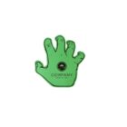 A bright green, cartoonish hand with five fingers and black outlines. In the center of the palm is a circle logo with a sunrise symbol and the text COMPANY above YOUR TAGLINE. The background is plain white.