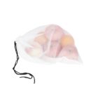 A transparent mesh bag containing several apples, some red and some yellow, with a black drawstring. The bag is placed against a plain white background.