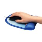 A hand using a black wired computer mouse on a blue ergonomic mouse pad with a wrist support. The mouse pad has a light blue center and a rounded shape. The background is white.
