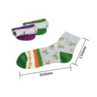 Two pairs of socks are shown. One sock is displayed flat with dimensions 200mm by 120mm. It features a white base, green and orange bands, and colorful ribbon patterns. The other pair is folded with similar patterns and colors.