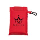 A small red pouch with a carabiner attached on the right. The pouch features a black crown logo above the word MELIUS.