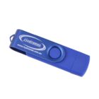 Blue USB flash drive with a swivel cover, displaying hydrant.com.au text and logo. The drive has a keyring loop at the end.