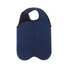 A blue neoprene wine tote with a curved black handle. The design features stitching along the center, creating a functional and stylish accessory for carrying wine bottles.
