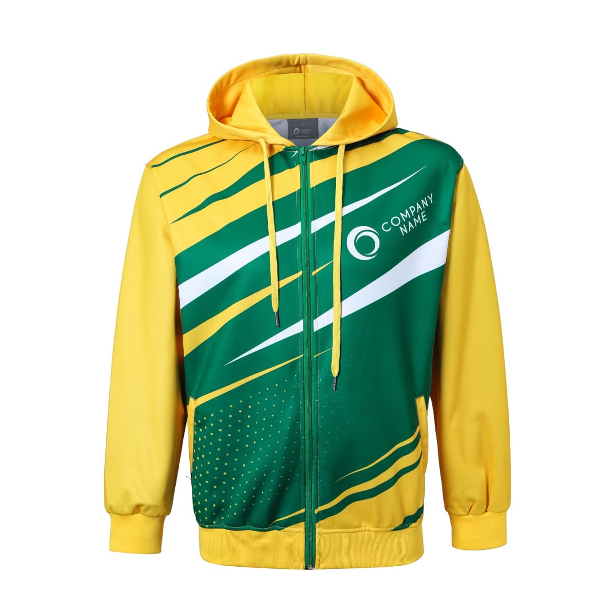 Bright hoodie with a zipper, featuring green, yellow, and white patterns. Has a company logo and name on the right chest area. The sleeves and hood are solid yellow, and there are geometric designs on the torso.
