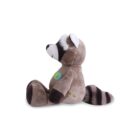 A plush raccoon toy with a brown body, black and white striped tail, and white markings on its snout and ears. Its sitting upright with a round patch on its chest and a colorful tag on its side.