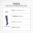 Diagram of PCH552 knee-high custom pattern socks. Style illustrated as knee high. Listed details: Size for Australian women 2-8, regular thickness, casual use, and regular base.