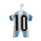 A miniature blue and white striped jersey with the number 10 displayed on it, hanging from a suction cup hook.