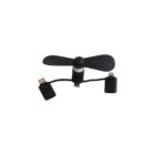 Black portable mini fan with dual connectors for USB-C and Lightning ports. The fan has two blades and is designed for mobile devices.