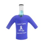 A bottle wearing a blue koozie shaped like a long-sleeve shirt with the text I Love Cans and a breast cancer awareness ribbon. The website www.sbcf.org.au is displayed below.
