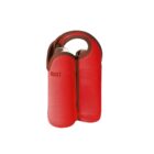 Red insulated wine tote with two compartments, designed to carry bottles securely. The tote features a handle at the top and the word BUILT printed on one side.