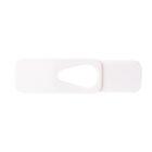 White plastic cabinet lock with a sliding mechanism on a plain white background. The lock has a rectangular base and a teardrop-shaped locking part.