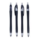 Four sleek black ballpoint pens with silver accents are aligned vertically against a white background. Each pen features a retractable click mechanism and a curved clip on the side.