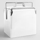 A white, square-shaped metal storage container with a handle and lid. The design is minimalist, featuring silver accents in the corners and a sturdy top handle, set against a plain background.