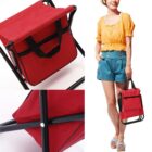 A red folding chair with an attached storage bag and black frame. A smiling person in a yellow top and blue shorts holds the chair by its handle. Close-up of the chairs fabric and frame are also shown.