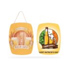 Two festive signs with handles. The left sign reads International Beer Day with wheat, a beer barrel, and mugs. The right sign features drinks, clover, and says Good Luck! Saint Patricks Day! with a festive design.