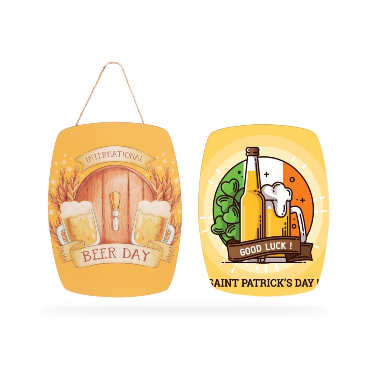 Two festive signs with handles. The left sign reads International Beer Day with wheat, a beer barrel, and mugs. The right sign features drinks, clover, and says Good Luck! Saint Patricks Day! with a festive design.