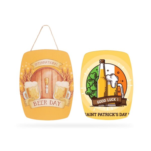 Two decorative signs: one for International Beer Day with wooden barrels and beer mugs, and another for Saint Patricks Day featuring a bottle, frothy beer mug, and green clovers, captioned Good Luck!.