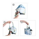Three-step guide showing a person unfolding and expanding a blue and yellow patterned cloth bag. Step 1: Bag is compact. Step 2: Bag begins to open. Step 3: Bag is fully expanded with handles visible.