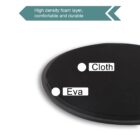 Close-up of a round mat showing its layered structure. Labels indicate Cloth and Eva layers. A text box states, High density foam layer, comfortable and durable. The background is white.