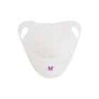 A white, curved chin strap with two holes on the sides for attachment. It has a small purple logo and text at the bottom center. The strap appears to be light and flexible, designed for supportive use.