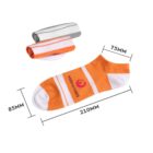Three pairs of ankle socks: gray and white, orange and white, and orange with Musketeers print. Measurements show 85mm width, 75mm heel-to-toe, and 210mm length.