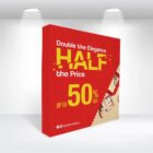 A red advertisement with the text: Double the Elegance, Half the Price, Up to 50% Off. The ad features images of various shoes in the bottom right corner.
