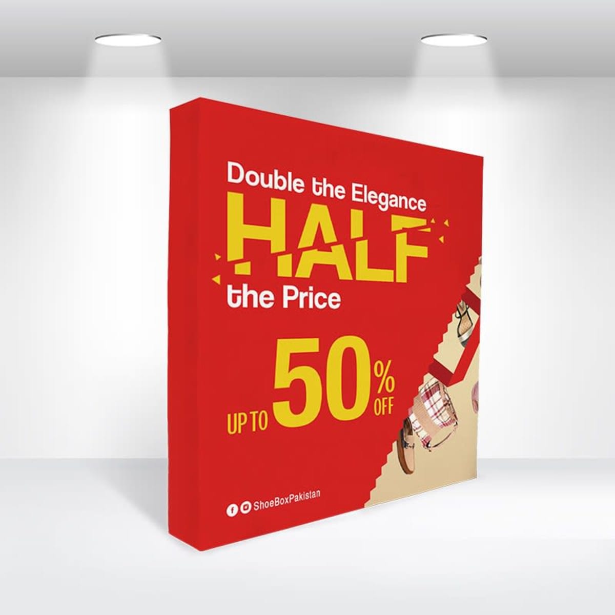 A red advertisement with the text: Double the Elegance, Half the Price, Up to 50% Off. The ad features images of various shoes in the bottom right corner.