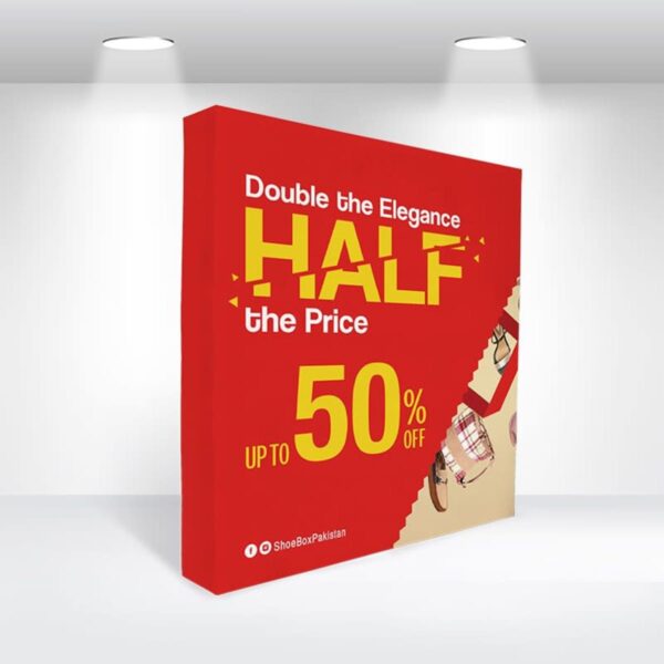 Red promotional display reads, Double the Elegance, Half the Price, Up to 50% Off, with ShoeBoxPakistan branding. The background features faint images of shoes.