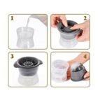 Step-by-step image instructions for making sphere ice: 1) Pour water into a mould. 2) Press the top onto the mould. 3) Freeze the mould. 4) Separate the mould to reveal a spherical ice ball.