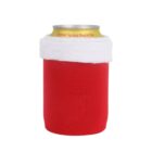 A can of Crystal Spring Peach Tea is wrapped in a red and white Santa-themed sleeve with a fluffy white brim, resembling a Santa hat.