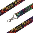 A colorful lanyard with a metal clip featuring the words Mardi Gras and Universal Studios in bold, vibrant lettering on a dark background.