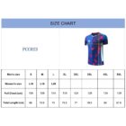 A size chart for a blue and red patterned shirt labeled PCC023. It includes mens sizes (S-5XL) and womens sizes (L16-L20), with full chest measurements from 104 to 139 cm and total length from 68 to 81.5 cm.