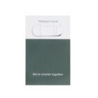 A white webcam cover is displayed on a card with two sections: a light gray top and a dark green bottom. The top section reads Webcam Cover, and the bottom section says Were smarter together.