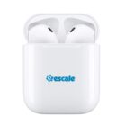White wireless earbuds in an open charging case with the brand name escale displayed on the front.
