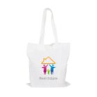 A white tote bag with a logo of three colorful abstract figures holding up an orange roof above the words Real Estate.