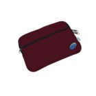 A maroon laptop sleeve with a front zippered pocket and dual zipper pulls. The sleeve features a small logo with a blue circle near the bottom corner.