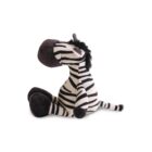 Plush zebra toy sitting upright, featuring black and white stripes, dark ears, and a fluffy tail, isolated on a white background.
