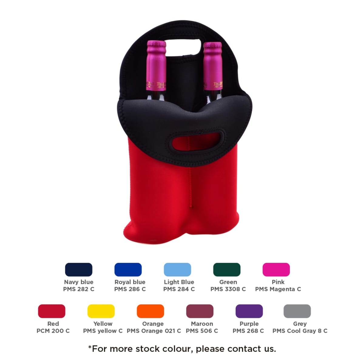 A red insulated wine carrier with black handles holding two wine bottles. Below are color options with their PMS codes: Navy blue, Royal blue, Light blue, Green, Pink, Red, Yellow, Orange, Maroon, Purple, and Grey.