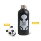 A black insulated bottle features a panda design with the label PANDA LAND and a detachable panda-shaped lid beside it. The bottles production details indicate UV Print and Mould.